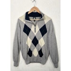 FOOTJOY Mens Medium  100% Wool 1/2 Zip Fully Lined Golf Sweater Argyle Gray Read